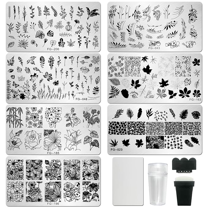 AddFavor Nail Stamper Kit 7pcs Nail Stamping Plates Flower Leaf Maple Nail Stencils with 2 Stamp and 2 Scraper for Home Salon Manicure Design Supplies Tools