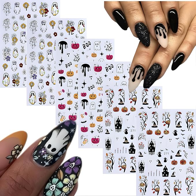 6 Sheets Halloween Nail Art Stickers Flower Nail Stickers 3D Self-Adhesive Ghost Nail Decals with Star Design Pumpkin Bat Nail Supplies Decoration Accessories for Women and Girls