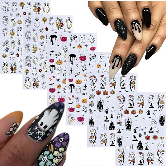 6 Sheets Halloween Nail Art Stickers Flower Nail Stickers 3D Self-Adhesive Ghost Nail Decals with Star Design Pumpkin Bat Nail Supplies Decoration Accessories for Women and Girls