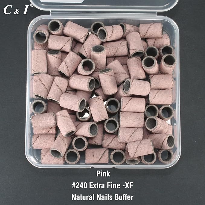 C & I Nail Sanding Bands 100 PCS Plus Upgrade Mandrel 1 PC, Nail Drill Bits for Acrylic Gel Nails Remove, Natural Nails Buffer for Nail Prep and Nail Shiner (Pink, #240 Extra Fine)