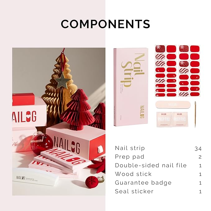 Nailog Semi Cured Gel Nail Strips 34 pcs for Christmas | Long Lasting Nail Polish Sticker Wraps with Glossy Gel Finish (Santa is Here)