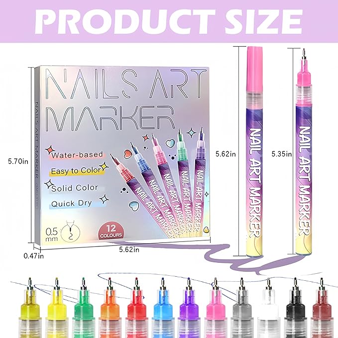 12 Colors Nail Art Pens Set,Upgraded Nail Art Markers for Art Design Acrylic Paint Marker,3D Polish Pencil for Gel Nails,Quick Drying Waterproof DIY Pen for Home & Salon Manicure Tools (36 Pcs)