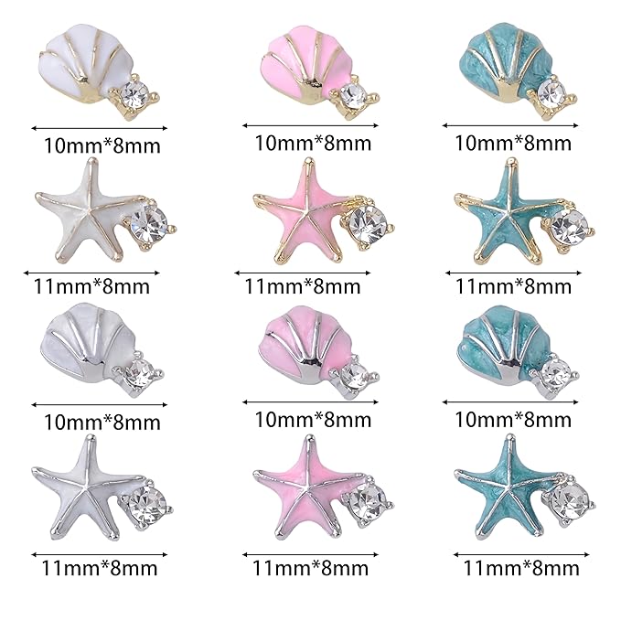 24Pcs Alloy Seashell Starfish Nail Charms for Acrylic Nails 3D Shiny Metal Seashell Starfish Nail Rhinestone Ocean Silver Diamond Starfish Nail Charms Nail Accessories for Women DIY Manicure Decor