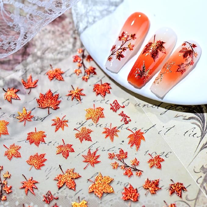 1 Sheets Fall Nail Stickers for Nail Art 5D Embossed Thanksgiving Nail Art Stickers Red Shiny Maple Leaf Nail Decals Self-Adhesive Autumn Holiday Nail Designs for Women Manicure Decoration Supplies