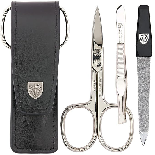 3 Swords Germany - brand quality 3 piece manicure pedicure grooming kit set for professional finger & toe nail care scissors file genuine leather case in gift box, Made in Solingen Germany