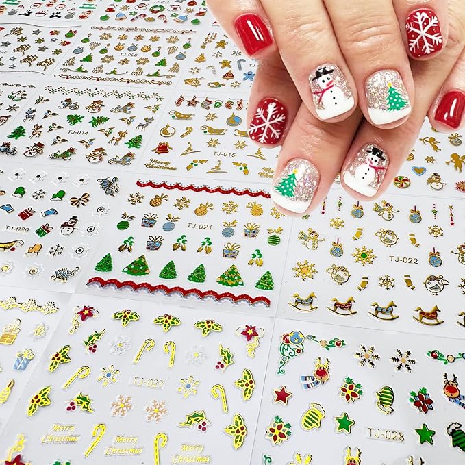 90 Sheets 3D Self Adhesive Nail Decals - Santa Claus, Christmas Tree, Snowflake Nail Art Stickers - Cute Christmas Nail Art Supplies for Women Manicure Decorations