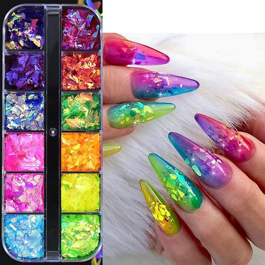 12-Grid Colorful Holographic Mermaid Nail Art Glitter Gradient Colorful ice slag Nail Sequins Irregular Candy Color Summer Metal foil DIY Nail Art Decoration
