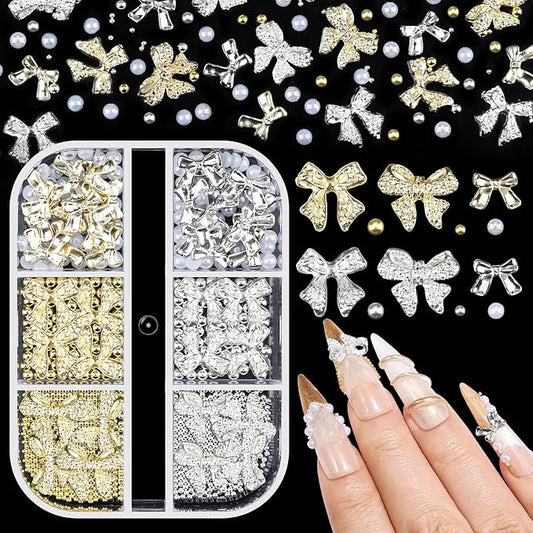 3D Metal Bowknot & AB Pearl and Mini Beads Nail Art Kit - Gold/Silver Alloy Bowknot, 1-2mm Stainless Steel Caviar Beads, 3mm Half Pearls for Professional Salon & DIY Manicure Jewelry Designs (Set 1)