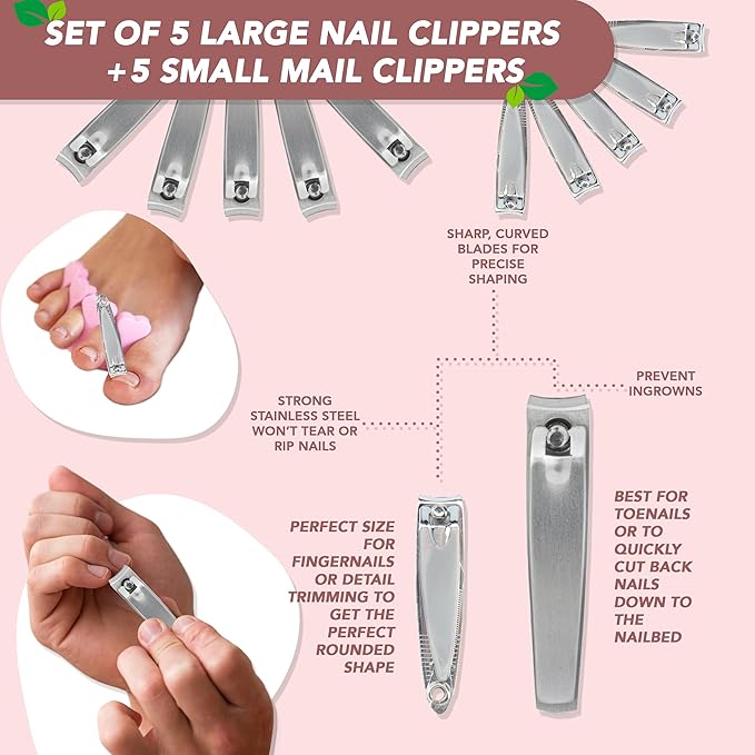 Earth & I Pink 5 Pack Nail Manicure Kit - 30 Count Manicure and Pedicure Kit for Women, Nail Trimmers, Toe Clippers, Toenail Nails Cutter, Mens Care, Mens Travel Toiletries