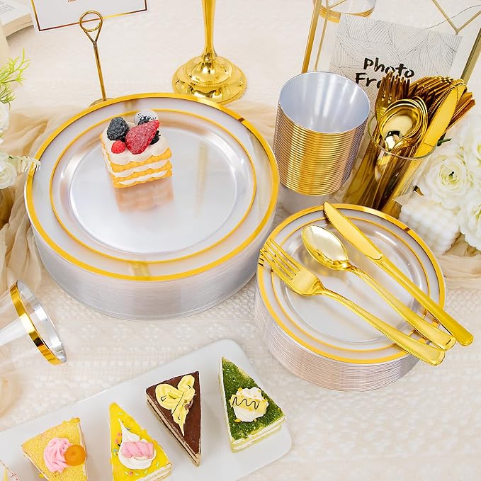 WELLIFE Clear and Gold Plastic Plates, Dinnerware Set - Image 4