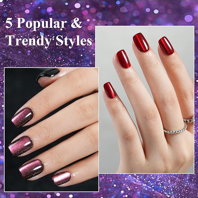 Cat Eye Press on Nails Short 5 Styles, Jofay Fashion 160Pcs Salon-Like Fake Nails with Glitter Chasing Light Cat Eye Designs, Christmas Artificial Acrylic Nails Glue on Nails Stick on Nails for Women