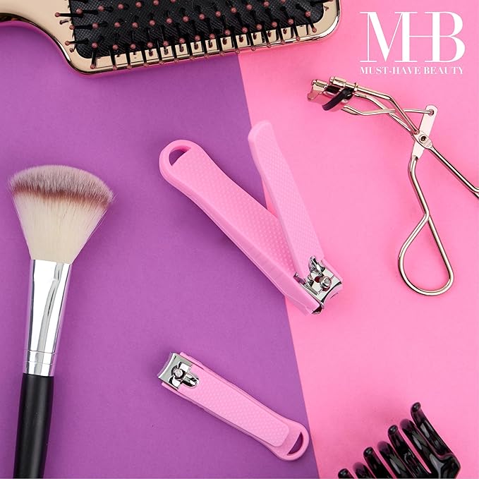 2pc Nail Clipper Set - Big & Small Precision Nail Clippers Value Pack, Water-Resistant Pink Nail Clippers with Comfortable Silicone Grip (Fuchsia)