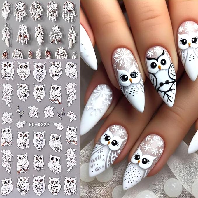 2Sheets Cute Owl Nail Art Stickers 5D Embossed Feather Dreamcatcher Designs Nail Decals Self-Adhesive White Owl Rose Flower Nail Sticker Autumn Winter Nails Supplies for Women DIY Manicure Decor