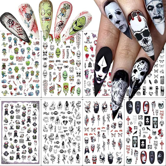 8 Sheets Halloween Nail Art Stickers 3D Punk Goth Nail Decals Evil Skull Rose Snake Nail Designs Sticker Self-Adhesive Halloween Nail Art Supplies Horror Zombie Nail Decorations for Women Manicure