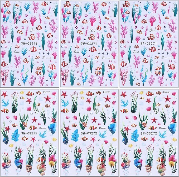 6 Sheets Ocean Plant Nail Art Stickers 3D Self -Adhesive Colorful Seaweed Shell Nail Decals Holographic Cute Fish Starfish Bubbles Nail Stickers Summer Nail Decoration for Women Manicure Supplies