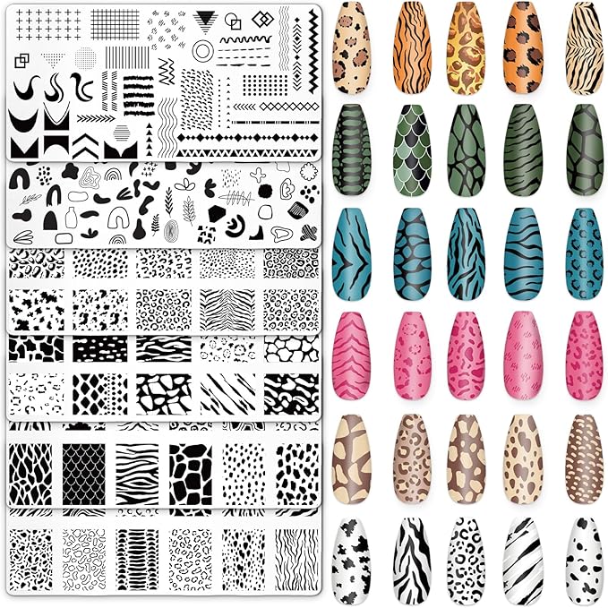 Whaline 6Pcs Animal Print Nail Plates Stamping Set Leopard Print Stamp Templates Nail Art Plates for DIY Print Manicure Salon Design Gift