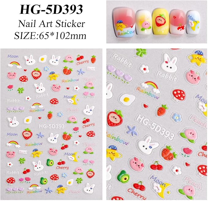 8 Sheets Kids Nail Stickers for Nail Art, 5D Embossed Self-Adhesive Flower Rainbow Dog Fruits Cherry Nail Decals, Cute Nail Supplies Designs Accessories for Women Girls Toddler Manicure DIY Decoration