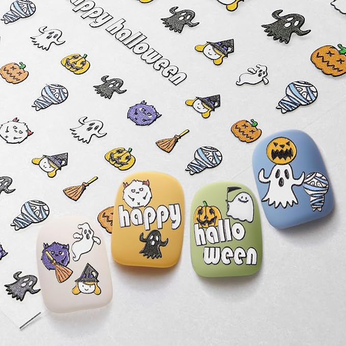 Halloween Nail Stickers for Nail Art - Cute Ghost Nail Art Sticker Bat Witch Hat 5D Embossed Nail Decals Self-Adhesive Nails Supply Manicure Stickers for Nails Decoration (Happy All Saints' Day)
