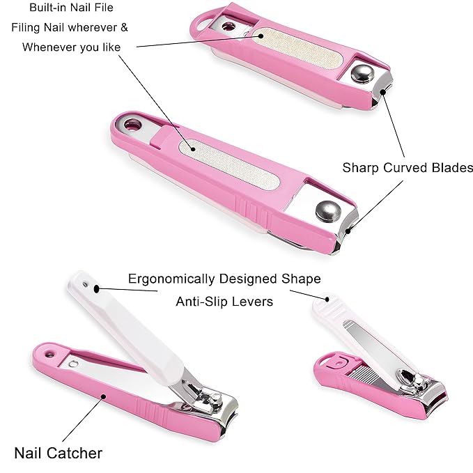 PAFASON Ultra Sharp Stainless Steel Nail Clipper Trimmer Cutter Set with Built-in Nail Catcher & Glass Nail File 3 Pack Fingernail & Toenail Clippers for Men & Women