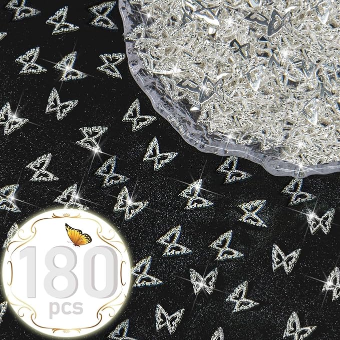 180pcs Silver 3D Butterfly Nails Charms Bulk for Acrylic Nails Art Jewels Decor Supplies