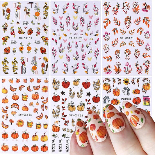 Autumn Leaf Nail Sticker - Fall Pumpkin Decals 3D Self-Adhesive Cute Leaves Supplies Thanksgiving Day Art Design DIY Manicure Decoration Tip Accessories 6 Sheets