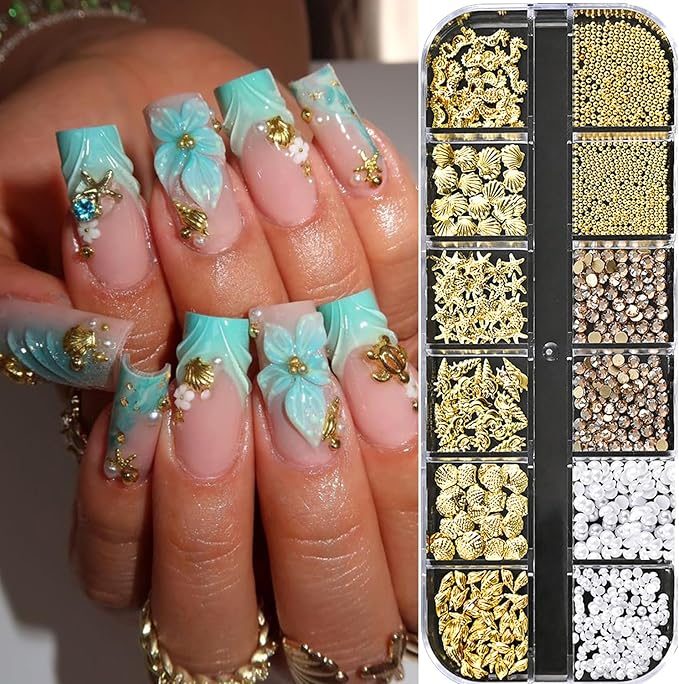 12Grids Summer Metal Nail Art Charms 3D Gold Starfish Shell Conch Nail Charms Sparkly Golden Rhinestone Seahorse Nail Art Jewelry White Pearls Nail Jewelry Ocean Theme Designs Nails Supplies for Women