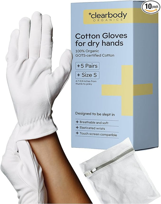 Clearbody Organics 100% Organic Cotton Gloves - 5 Pairs 10 Pc, Small, White - Moisture Lock & Moisturizing Gloves Overnight - Versatile Cotton Hand Liners