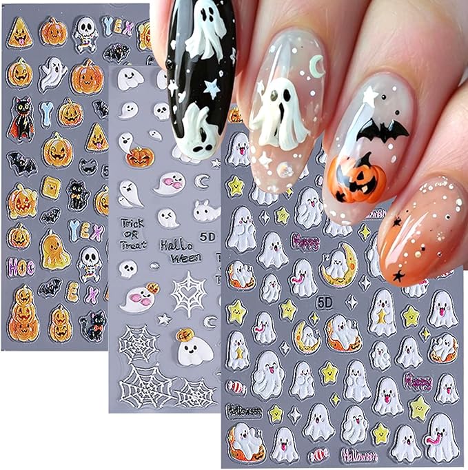 3 Sheets Halloween 5d Embossed Cute Ghost Nail Art Stickers Self Adhesive Pumpkin Spider Web Nail Decals Exquisite Star Moon Nail Design Stickers Holiday Nail Art Supplies for Women Decorations Tips