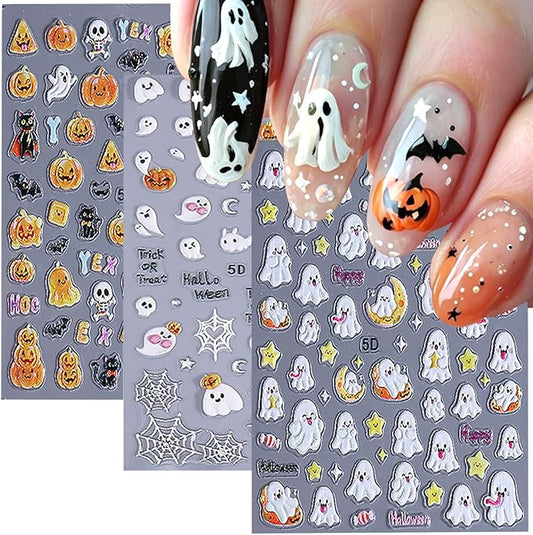 3 Sheets Halloween 5d Embossed Cute Ghost Nail Art Stickers Self Adhesive Pumpkin Spider Web Nail Decals Exquisite Star Moon Nail Design Stickers Holiday Nail Art Supplies for Women Decorations Tips