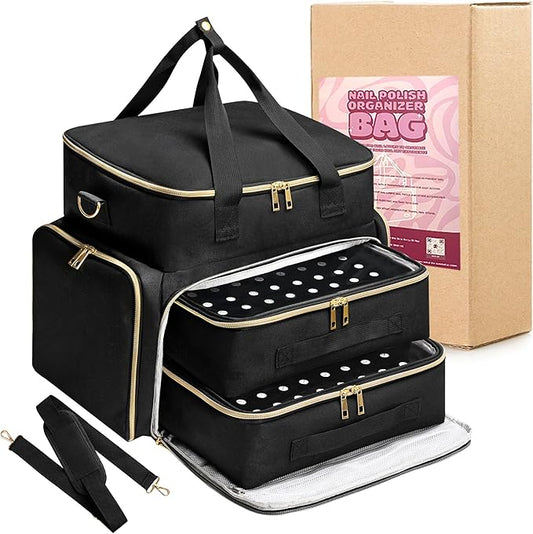 Nail Polish Organizer Case for 96 Bottles – Waterproof Travel Bag with Hard Bottom – Double Layer Nail Storage Bag with Adjustable Dividers & Nail Lamp Compartment – for Home or Salon Use