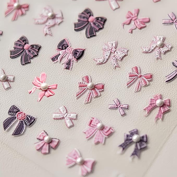 Pink Bow Knot Nail Art Stickers 5D Self-Adhesive Embossed Cute Bow Nail Decals Rhinestones Bow-Knot Elegant Pearl Design Nail Stickers for Women DIY Manicure Decorations