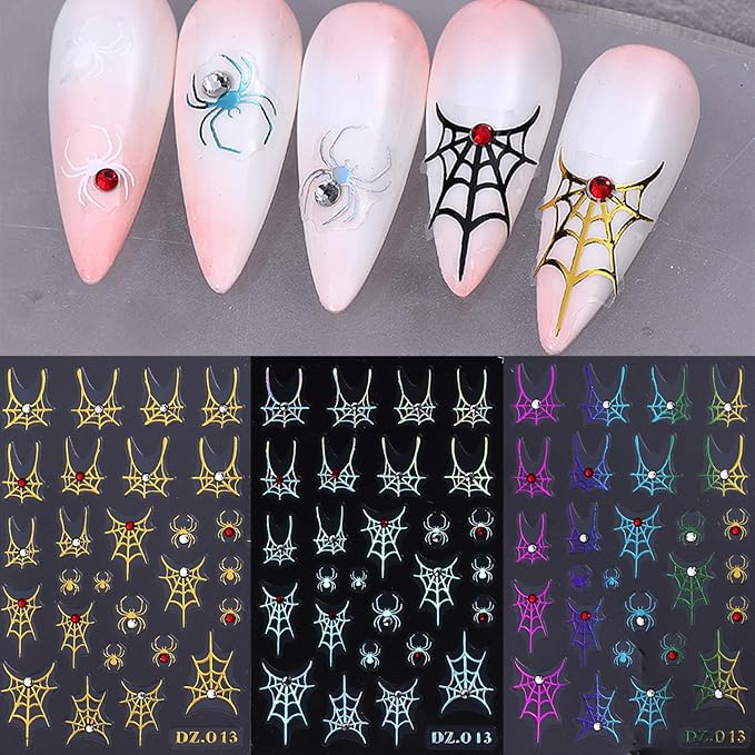 3 Sheets Spider Web Nail Stickers for Nail Art Gold Silver Halloween Nail Art Stickers Holographic Laser Spider Nail Decals With Diamond Designs 5D Self-Adhesive Scary Halloween Nail Sticker for Women