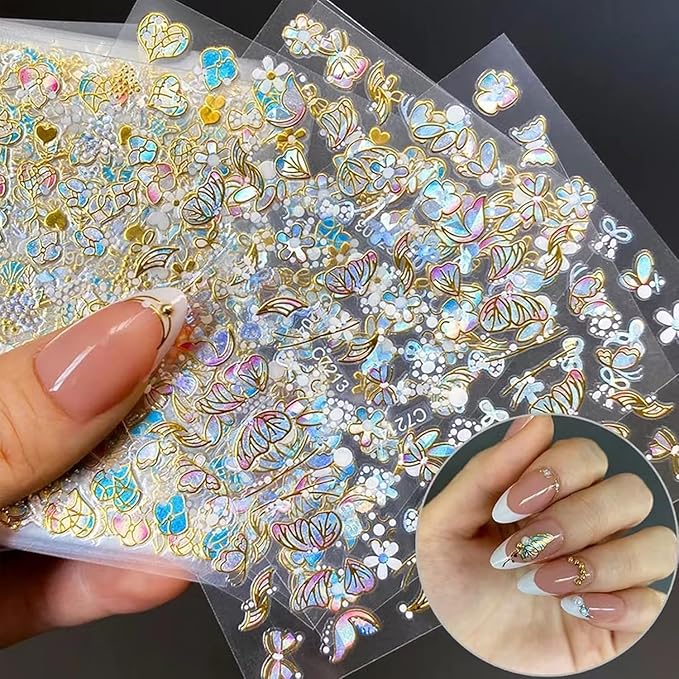 20 Sheets Butterfly Nail Stickers Y2k Gold 3D Self Adhesive Shiny Butterflies Nail Art Charms Decals Heart Nails Supplies Decoration Accessories (ST-GB)