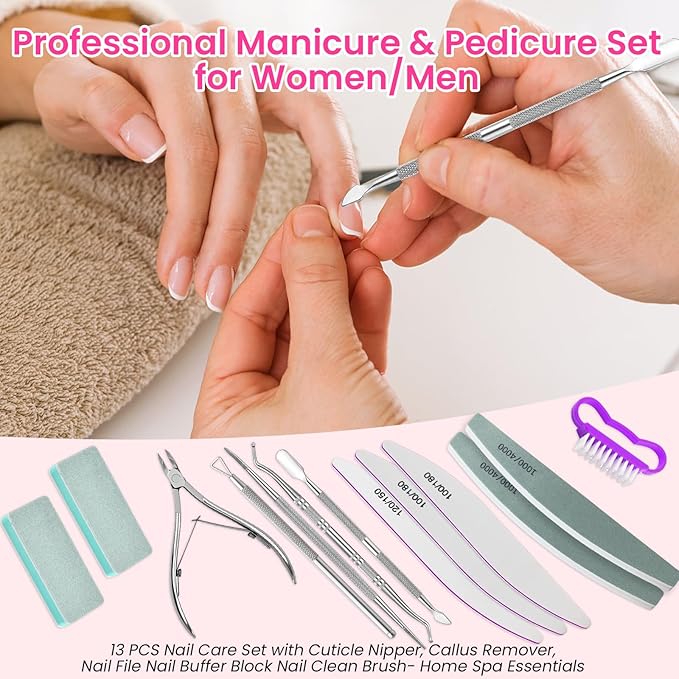 Nail Prep Care Kit with Buffers and Files, Cuticle Nipper Clipper, Ingrown Toenail Corrector, Cuticle Pusher, Cuticle Peeler, Nail Lifter, Dust Brush, Manicure Pedicure Kit Salon Home