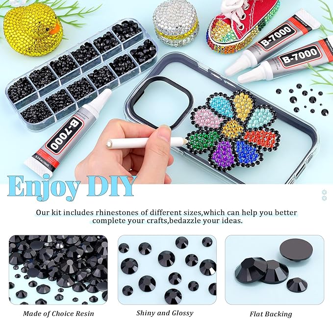 6000Pcs Resin Rhinestones for Bedazzling with 3Pcs B7000 Jewelry Glue, 1 Box Black Flatback Rhinestones for Crafting Crafts DIY, Crystals Gems for Clothing Shoes Tumblers Nail Art Makeup