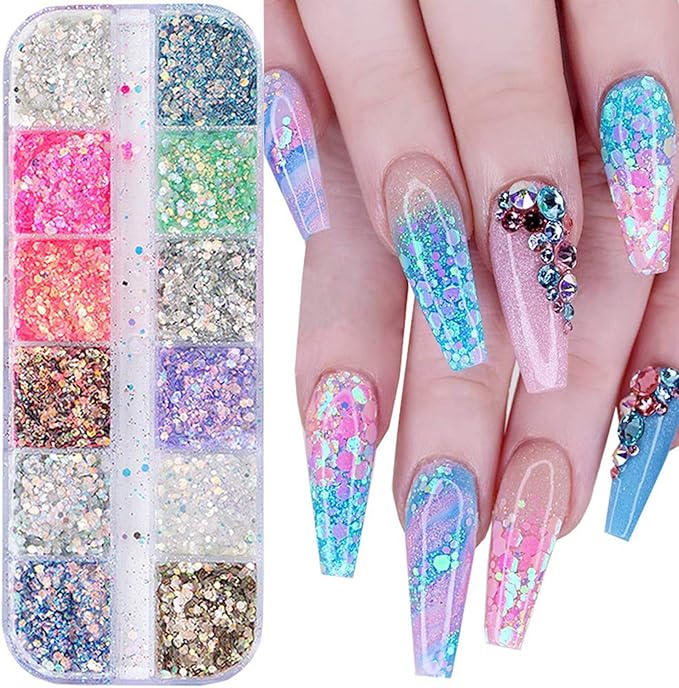 Holographic Nail Sequin Accessories - 3D Glitter Flakes Nail Supplies Acrylic Powder for Shiny Manicure Designs - Colors (12)