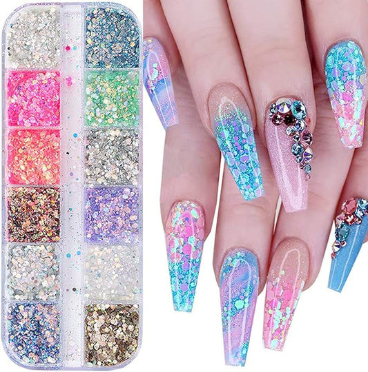 Holographic Nail Sequin Accessories - 3D Glitter Flakes Nail Supplies Acrylic Powder for Shiny Manicure Designs - Colors (12)