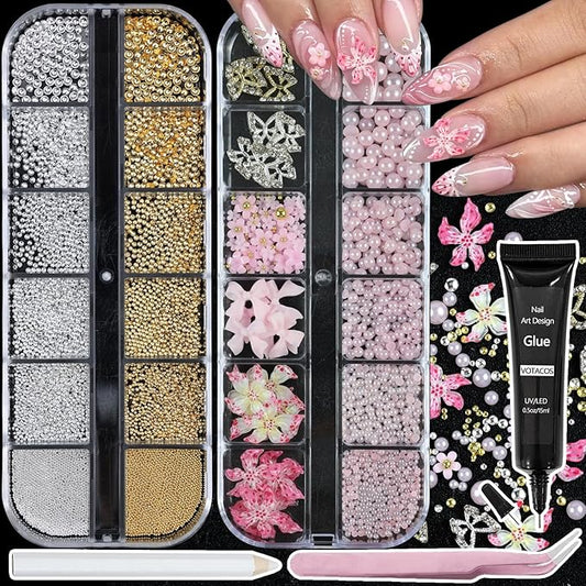 Nail Art Charms with Rhinestones Glue Gel Pink Flatback Pearls Flower Bow Nail Gems Supplies Accessories Gold Silver Nails Decoration Pearls for Women Nails Design