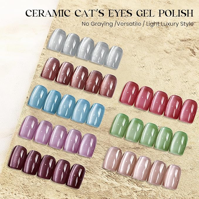 MIZHSE Cat Eye Gel Nail Polish, 8 Colors Moonlight Magnetic Gel Polish Set with Magnet Stick, Glassy Effect Crystal Holographic Silver Brown Green Purple Fall Colors Soak Off Nail Art Gift for Women