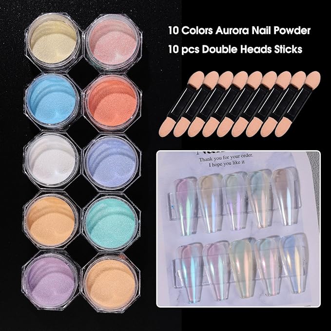 Mermaid Aurora Chrome Nail Powder 10 Boxes Colorful Pearlescent Glazed Powder Kits Pearl Metallic Mirror Pigment Rubbing Dust Nails Glitter Decoration DIY Designs Nail Accessories