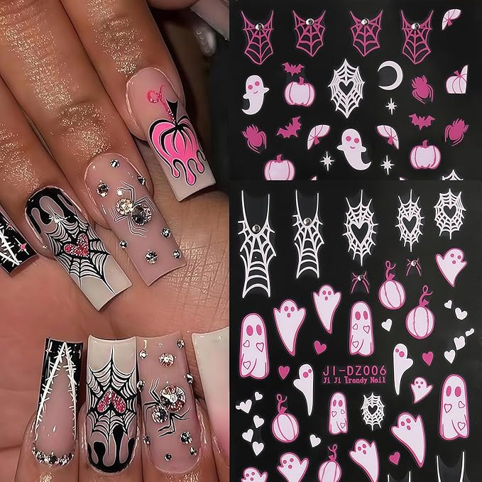 Halloween Nail Art Stickers Ghost Nail Decals Shiny Crystal Diamonds Rhinestones Spider Web Spooky Spider Nail Art Design Stickers Cute Fall Holiday Manicure Decoration for Salon Acrylic Nails