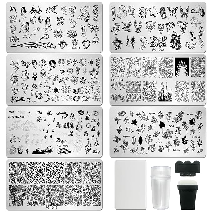 AddFavor Nail Stamper Kit 7pcs Nail Stamping Plates Flower Animal Flame Leaves Image Nail Stencils with 2 Stamp and 2 Scraper for Home Salon Manicure Design Supplies Tools