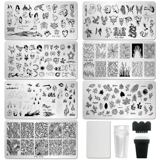 AddFavor Nail Stamper Kit 7pcs Nail Stamping Plates Flower Animal Flame Leaves Image Nail Stencils with 2 Stamp and 2 Scraper for Home Salon Manicure Design Supplies Tools