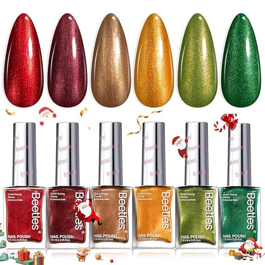 Beetles Winter Nail Polish Set - Glamour Era 6 Colors Quick Dry Glitter Burgundy Red Gold Green Yellow High-Gloss Long-Lasting Nail Polish for DIY At-Home Manicure Christmas Gift for Women
