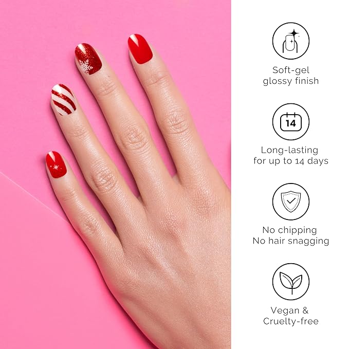 Nailog Semi Cured Gel Nail Strips 34 pcs for Christmas | Long Lasting Nail Polish Sticker Wraps with Glossy Gel Finish (Santa is Here)