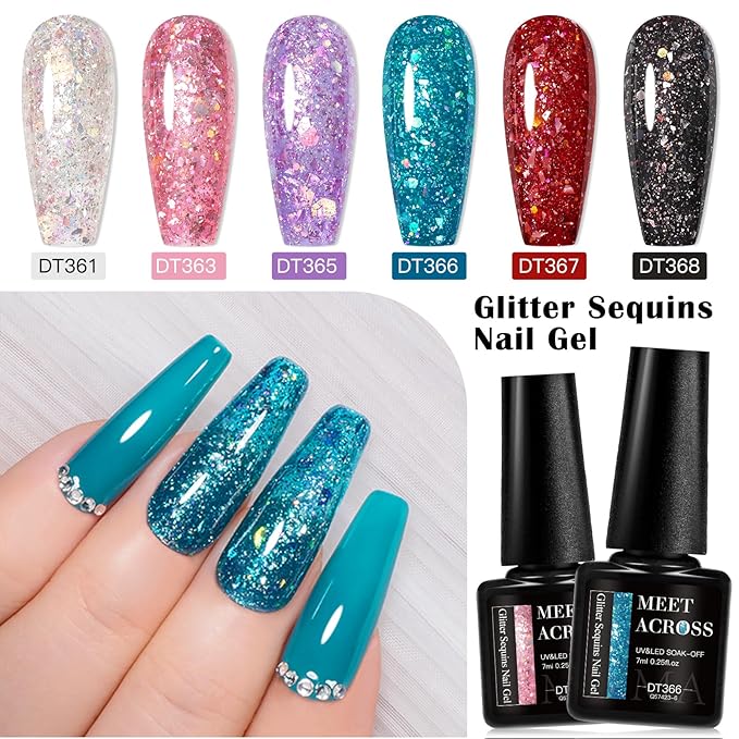 MEET ACROSS Gel Nail Polish Set 6 Pcs Glitter Colors Gel Nail Kit Art Design Soak Off UV LED (SET-3, 6pcs)