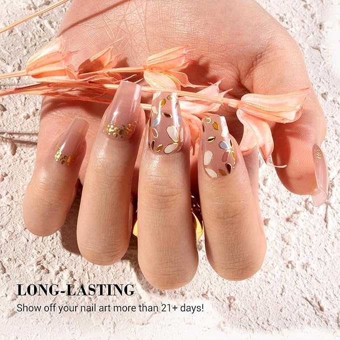 MelodySusie Semi Cured Gel Nail Strips (Brown Petals), Works with Nail Lamp, Salon Quality, Long Lasting, Easy to Apply and Remove, Includes 20Pcs, 2 Prep Pads, Nail File and Wooden Stick