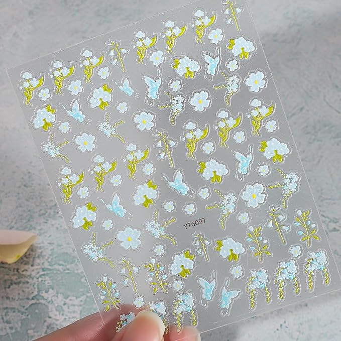 Flower Nail Stickers for Nail Art - Blue Flower Nail Art Sticker Floral Embossed Leaf Butterfly Nail Decals Self-Adhesive Nails Supply Manicure Stickers for Nails Decoration