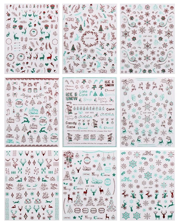 JMEOWIO 9 Sheets Christmas Glitter Nail Art Stickers Decals Self-Adhesive Green Red Snowflake Winter Holiday Nail Supplies Nail Art Design Decoration Accessories