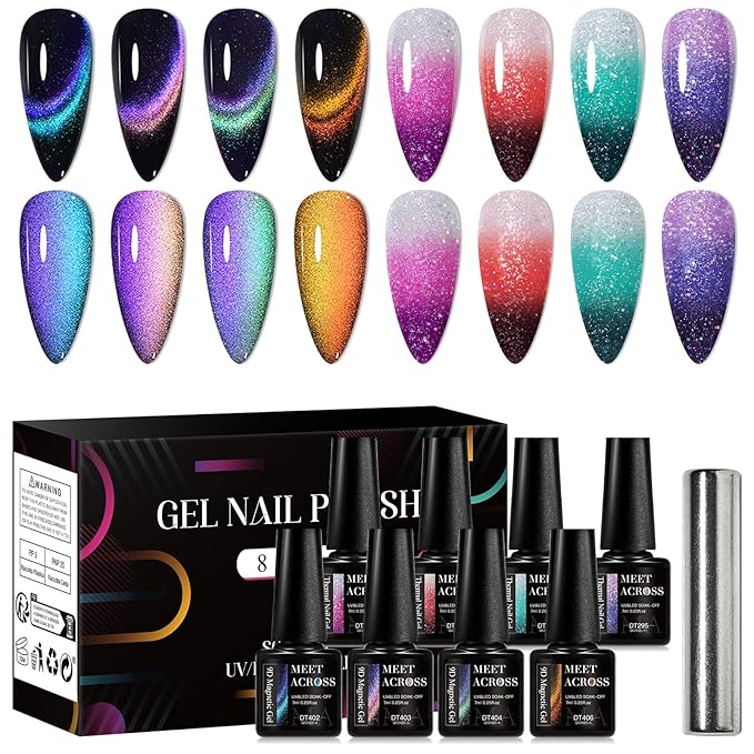 MEET ACROSS 8pcs Nail Polish Set, Soak off UV LED Lamp Cat Eye Gel Set Home Manicure Kit 7ml (Glitter Temper + 9D Cat Eye Gel)